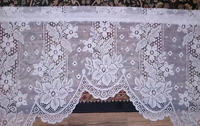 Pair Of Vintage White LACE Curtain Valances Scalloped Tapered Floral Curtains • $24.99