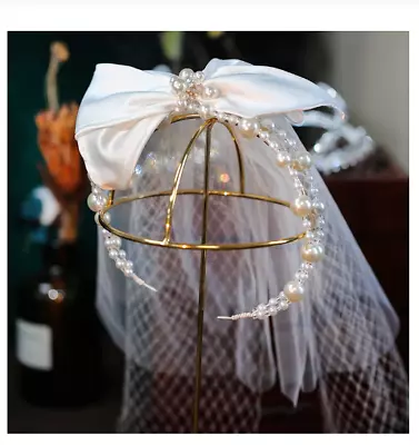 £32.72 • Buy Vintage Pearl Wedding Veil Netted Beaded Crystal Large Bow Bridal Hair Accessory