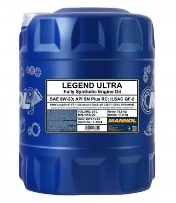 £107.49 • Buy 20L MANNOL 0w20 Synthetic Engine Oil Dexos1 For Jaguar Land Rover STJLR.51.5122