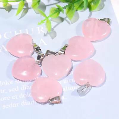 Natural 10PC Rose Quartz Palm Stones Puff Heart Healing Crystal Necklace Pendant • $11.45