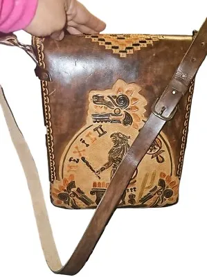 Vintage Hand Tooled Genuine Leather Mexican Crossbody Satchel Messenger Bag • $99.15