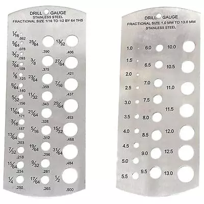 Drill Bit Gauges Stainless Steel Metric & Imperial 1/16-1/2  & 1-13mm Set Of 2PC • £5.89