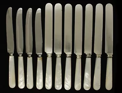 11 Antique American Mother Of Pearl Shell Silver Plate Steel Dinner Knives • $309.60