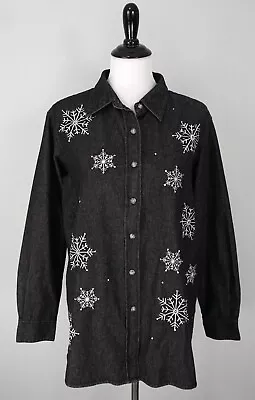 QUACKER FACTORY Black White Snowflake Denim Winter Button Up Top Shirt Size L • $34.99