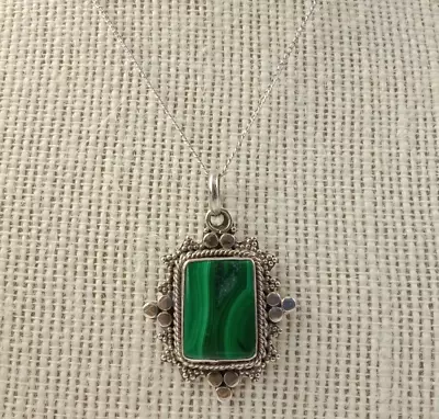 Beautiful Sterling Silver Necklace W/ Green Malachite Pendant 17-3/4  • $34.98