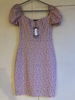 £9.99 • Buy Boohoo Floral Corset Cup Puff Sleeve Bodycon Dress Size 10 Pink BNWT