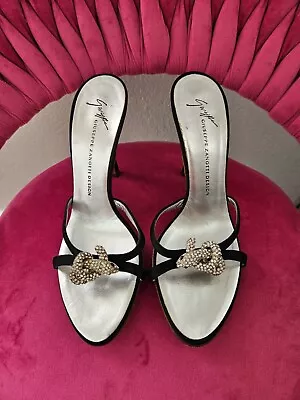 GIUSEPPE ZANOTTI Crystal Red Eyes SERPENT Heels Black Silk Snake Pumps EUC 36 • $75