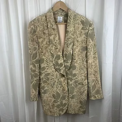 Gantos 100% Silk Beige Tan Olive Green Floral Blazer Size 14 Vintage • $25.99