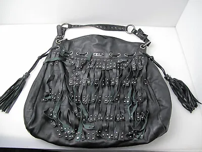 RAFE Black Buttery Soft Leather Studded Fringe Tassels Designer Shoulder Bag • $52