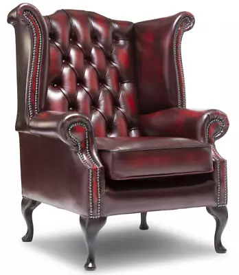 FAST DELIVERY Chesterfield Highback Queen Anne Chair Antique Oxblood Red Leather • £629.99