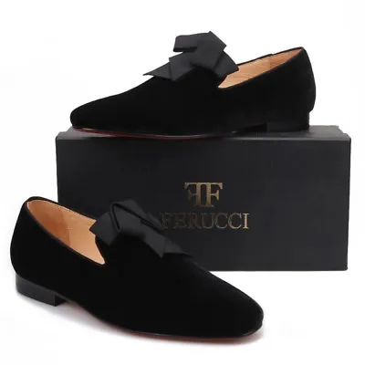 Men FERUCCI Black Velvet Slippers Loafers Flat With Black Ribbon • $169.99