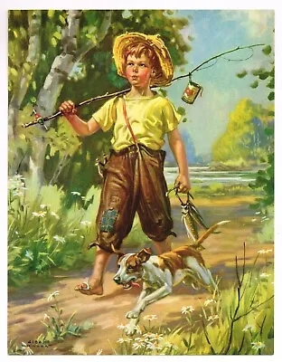 Original Vintage Calendar Print Lithography 1950s Children Fishing Dogs Fish Can • $6.95