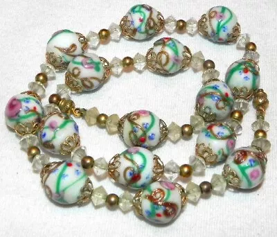 Vintage White Wedding Cake Venetian Glass Bead 18  Necklace Pink Flower Drizzle • $30
