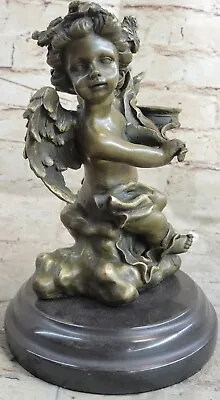 Real Bronze Marble Ornate Candlestick Candle Holder Cherub Angels Sculpture SALE • $124.50