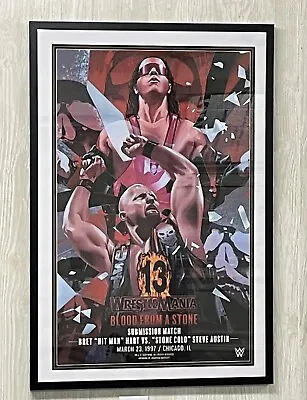 Official Stone Cold Steve Austin Bret Hart WWE Poster WrestleMania Prof. Framed • $450