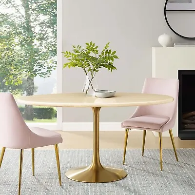 Modway Lippa 60” Oval Artificial Travertine  Dining Table In Gold Travertine • $1031.25