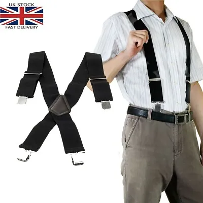 Heavy Duty Work Trouser Braces 50 Mm Highly Elasticated Unisex Suspenders Black • £7.49