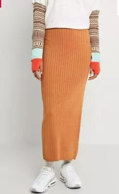 Free People Knitted Midi Skirt In Tan Brown Size L  Beach To Night Ribbed Knit • $35.36