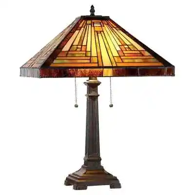 22  Tiffany Style 2-Light Antique Bronze Finish Mission Stained Glass Table Lamp • $177.90