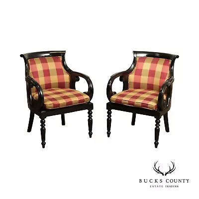 Empire Style Pair Custom Upholstered Black Lacquer Armchairs • $1495