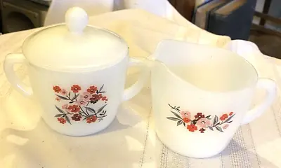 Vintage Fire King Milk Glass Primrose Creamer Sugar Bowl & Lid Set • $22.99