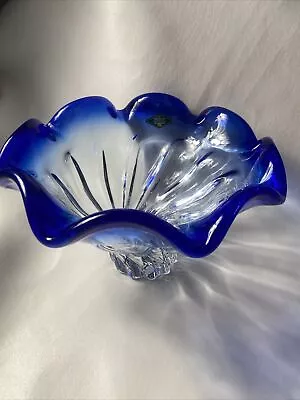 $45 • Buy Shannon Crystal Heavy Bowl Cobalt Blue Clear Ruffle Rim  Used