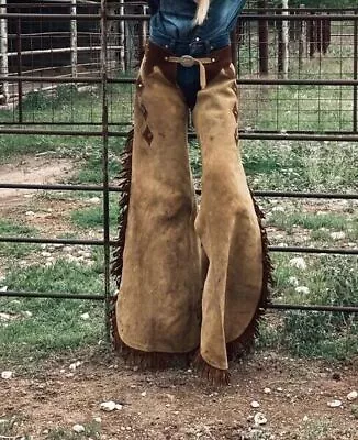 Handmade Chaps Western Wear Suede Leather With Fringe Cowgirl Vintage Style • $109.99