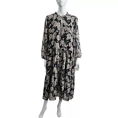 Decjuba Isabella Green Black Tiered Midi Dress Size 14 Long Sleeve • $39