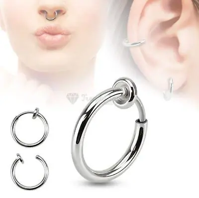 10mm Silver Women Stainless Steel Steel Non Pierced Clip Fake Hoop Earrings • £2.49
