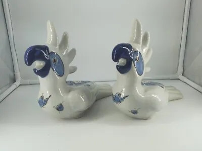 2 Vintage Mexico Pottery Blue Gray Parrots Bird Butterfly Floral Design 8  X 8   • $38