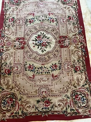 $298 • Buy Antique French NEEDLEPOINT RUG PINK Aubusson Style 68” X 44” Vintage ROSES Chic