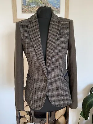 ZARA Checked WOOL Tweed Hacking Jacket Blazer Elbow Patches Medium Houndstooth • £39.99