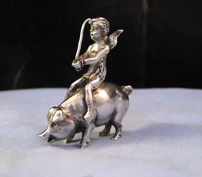 ANTIQUE CHESTER STERLING SILVER ANGEL CHERUB & PIG BOAR MINIATURE FIGURINE C1908 • £102