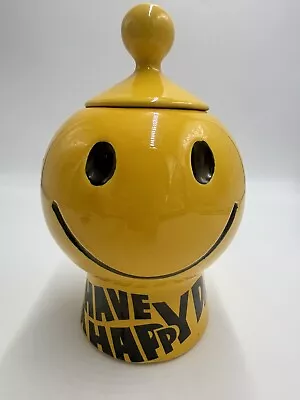 Vtg McCoy Pottery Yellow  HAVE A HAPPY DAY  Smiley Face Cookie Jar #235 W/ Lid  • $75