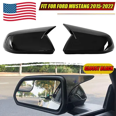 Gloss Black Rearview Side Mirror Cover Caps Horn Style For Ford Mustang 2015-22 • $26.99