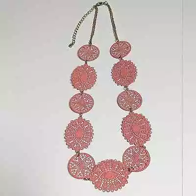 Pink Metal Medallion Lace Picado Banner Gold Tone Chain Statement Necklace • $14.99