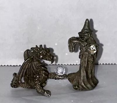 Vintage Masterworks Pewter Figurines Hatching Baby Dragon & Wizard Crystal Orbs • $18