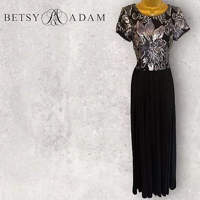 Betsy & Adam Womens Black & Navy Sequin Cap Sleeve Maxi Dress Prom UK 8  • £116