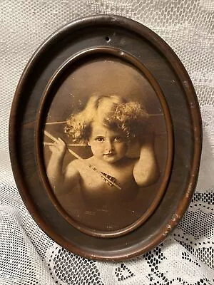 Antique CUPID AWAKE Photo Print MB Parkinson Oval Tin Frame Copyright 1897 9” • $18