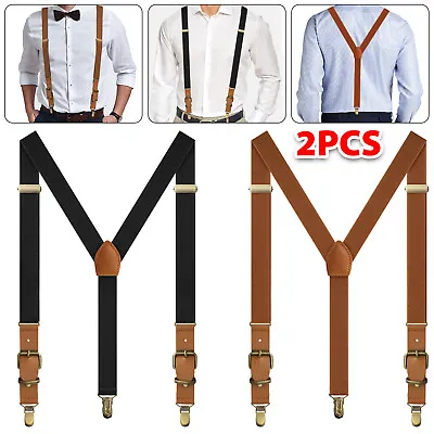 2Pcs Mens Suspenders Leather Adjustable Elastic Y-Shaped Braces Hooks Pants Clip • $15.98