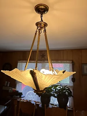 Vintage Solid Bronze Art Deco 5 Light Slip Shade Hanging Fixture • $700