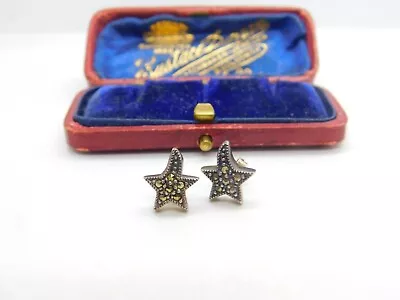 Pair Of Sterling Silver & Marcasite Set Star Form Stud Earrings Vintage C1970 • £15
