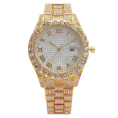 Hip Hop Mens Women Luxury Diamond Date Quartz Bling Watch • £13.19