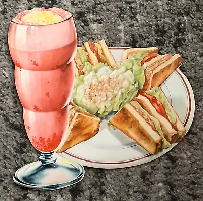 Ice Cream Poster Die-Cut Diner Sign Strawberry Shake Soda Fountain 1950 Vintage • $17.32