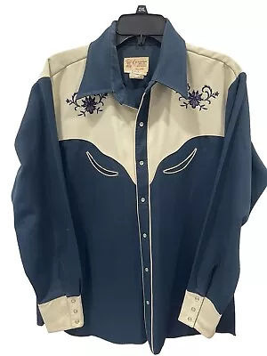 Vintage Caravan Calgary Alberta Western Long Sleeve Blue Khaki Men Snap Shirt XL • $46.99