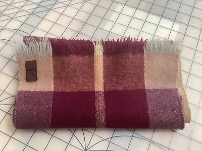 Vintage Wool Burgundy & Tan Fringed Scarf Woven In Scotland - 40  By 9  • $6