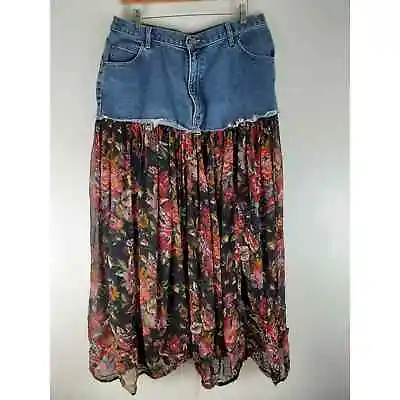 Vintage DIY Upcycled St Johns Bay Denim Relaxed Fit Floral Chiffon Maxi Skirt 16 • $16.99