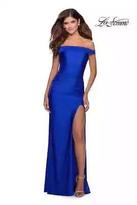 La Femme 28506 Off Shoulder Satin Trumpet Gown Sapphire Blue Dress Size 2 • $99.99