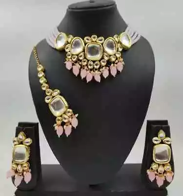 Bollywood Kundan Gold Tone Pearls Choker Meenakari Designer Wedding Jewelry Set • $39.99