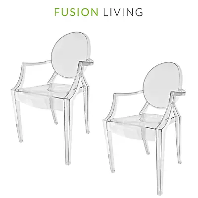 Set Of 2 Ghost Chairs - Transparent Clear Dining Chairs - Plastic Louis Armchair • £156